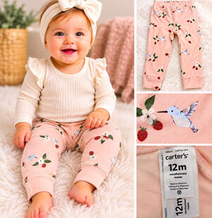 Carter’s Baby Girls 12M Pink Hummingbird Strawberry Floral Pants NWT